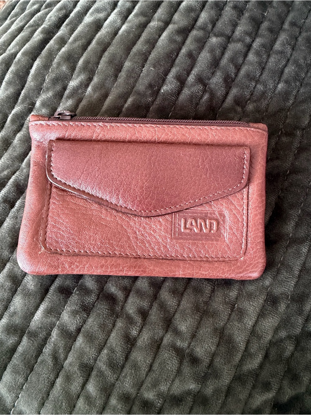 Vintage-LAND Cognac Leather Zip Card Wallet with Front Flap Pocket-NWT